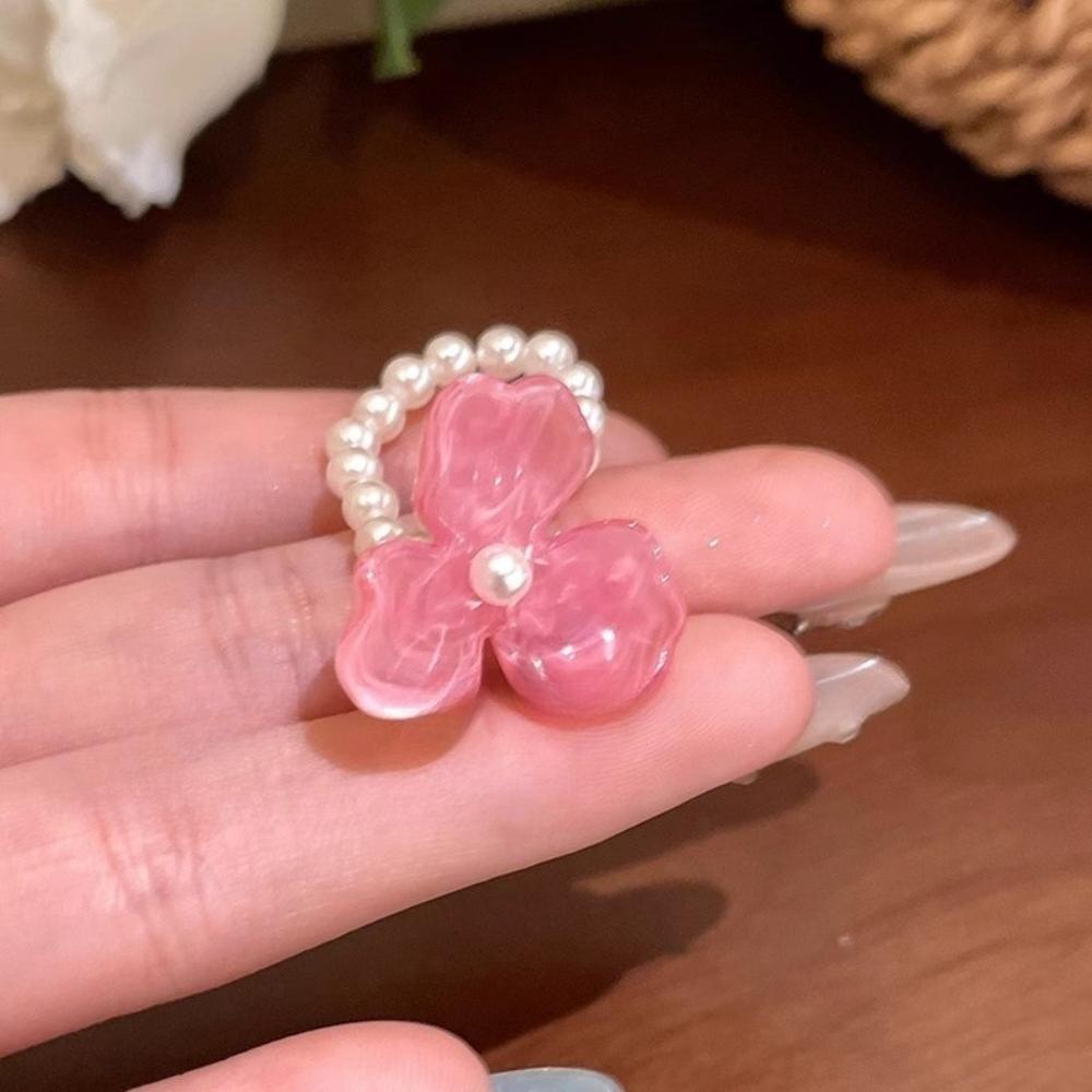 Romantic Fashion Dopamine Colorful Flower Imitation Pearl Beaded Rings for Women Sweet Vacation Finger Jewelry Accessories Gift