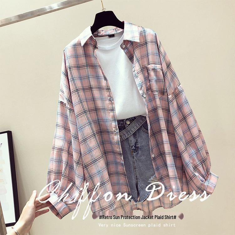 Women's Plaid Shirt: Spring/Summer 2023 Korean Style Loose Fit, Seven-Sleeve, Sun Protection, Chic & Stylish Top