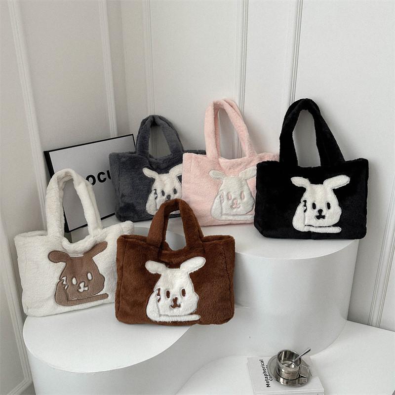 Wholesale Fashion Street Style Large Capacity Plush Tote Bag Women Winter Bunny Embroidery Shoulder Bag