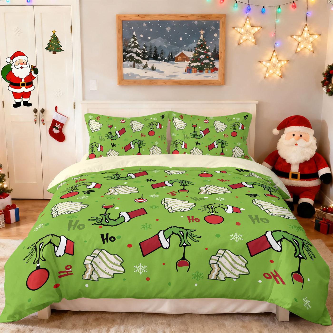 Bed Three-Piece Christmas Green Hair Quilt Cover Pillowcase Digital Printing Bedding Kit 135x200