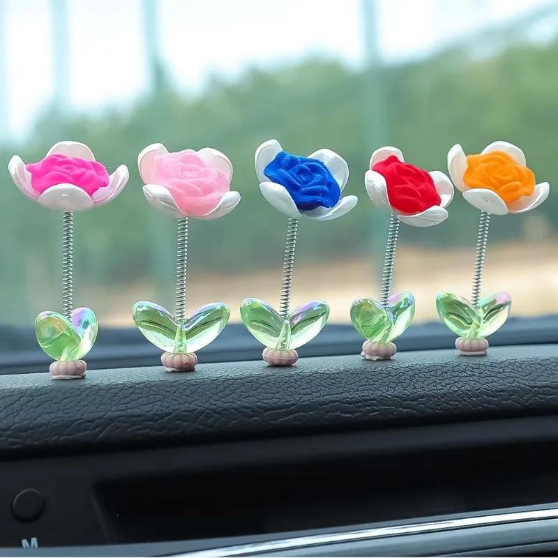 Mini Car Ornaments Car Center Console Spring Shaking Head Rose Decoration Pendant with Double-sided Adhesive Tape Healing Series