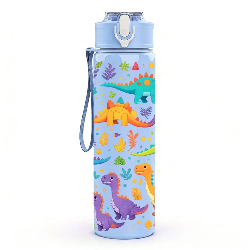 1PC Dinosaur Cartoon Colorful Sticker Print 750ml Color Plastic Sports Water Bottle Leakproof Flip Straw Lid Suitable for Sports Office Home Use