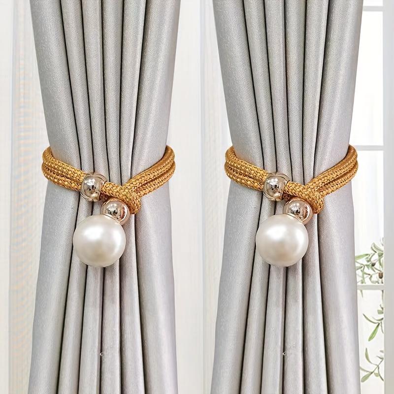 2 Stück Deluxe Französische Raffhalter mit glänzenden Kunstperlen-Akzenten - Elegantes Polyester, kein Bohren, verstellbare Kordel für exquisite Heimdekoration