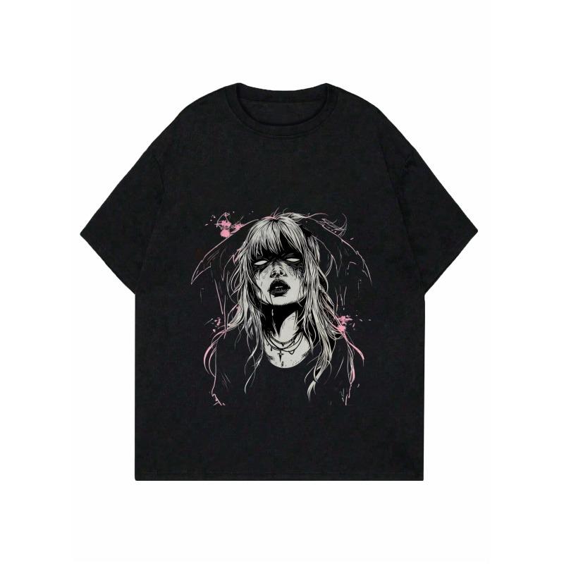 Damski T-shirt o luźnym kroju Czarny z nadrukiem graficznym Projekt gotyckiej dziewczyny Casualowy do noszenia na co dzień