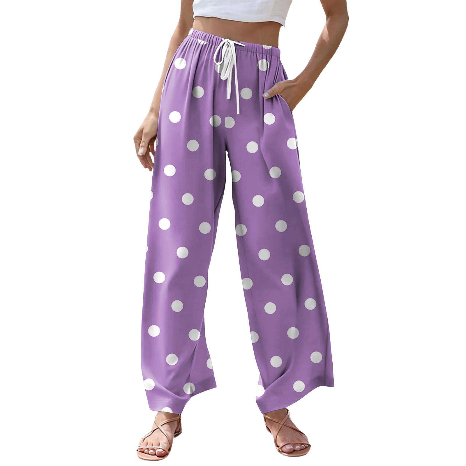 

Women s Casual Dot Print Wide Leg Drawstring Pocket Beach Casual Pants XL фіолетовий