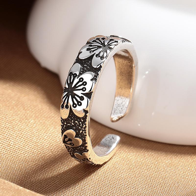2026 Chinese Style Retro Niche Design Cherry Blossom Ring Silver-plated Men s and Women s Personalized Single Opening Adjustable Ring Plain Ring Resizable