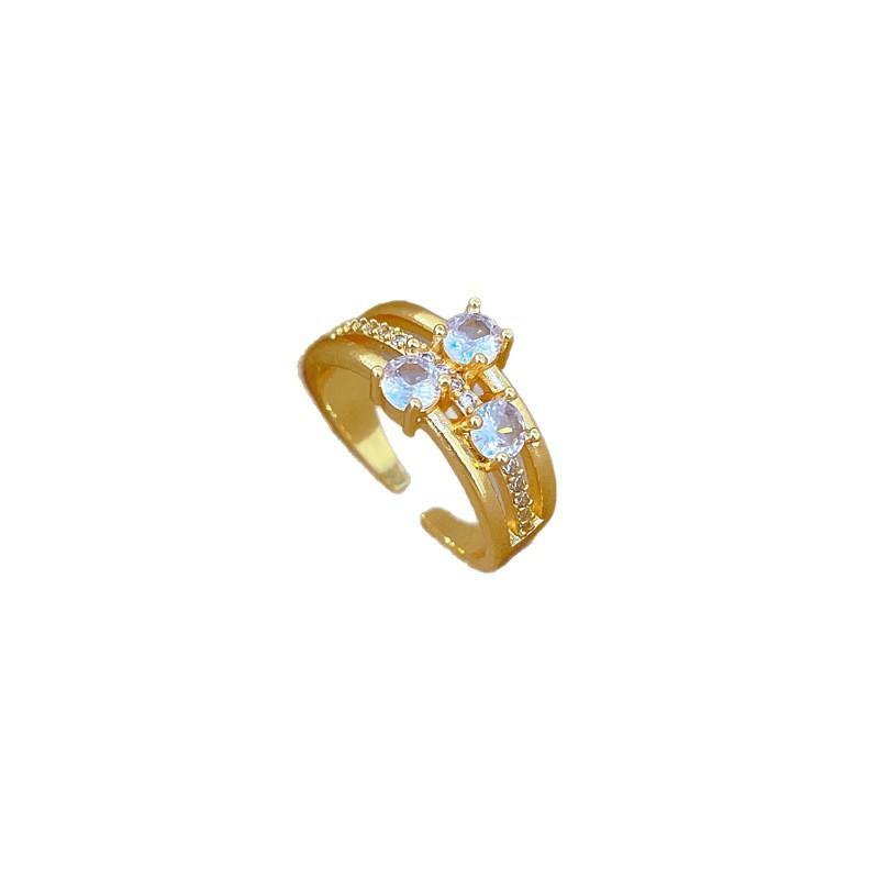 Real Gold Light Luxury Full Diamond Three-Layer Ring Opening Adjustable Simple Jewelry Japanese Ring Couple Ring