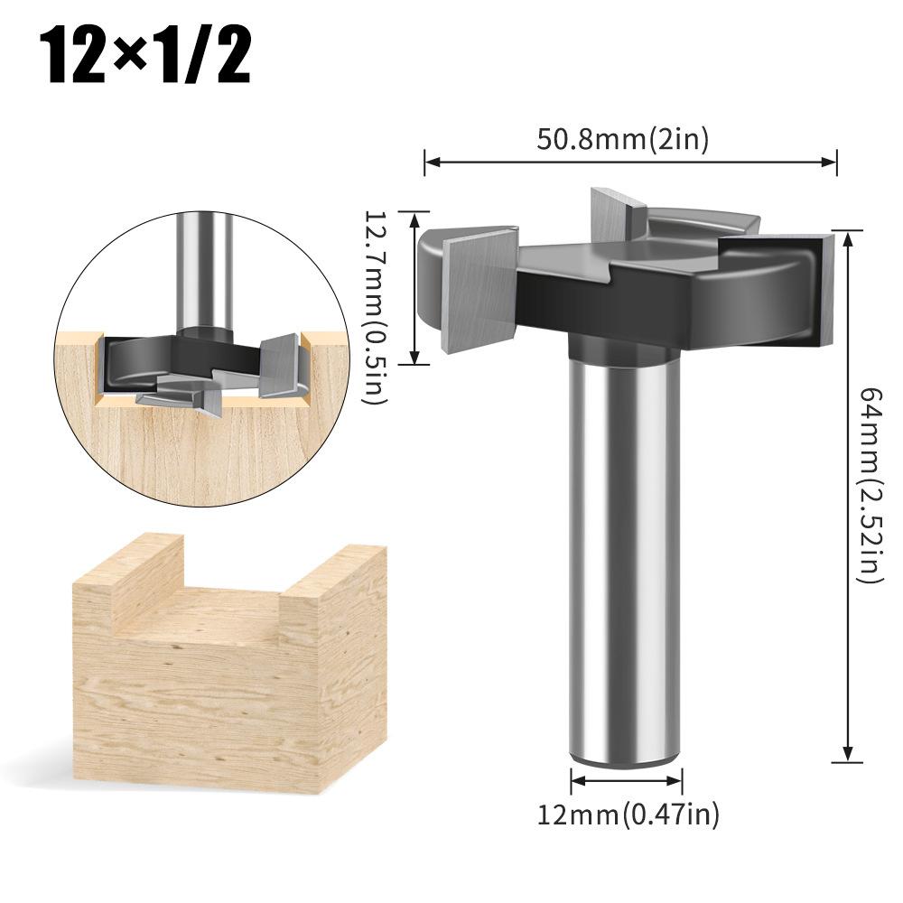 

Three-blade T-type slotting knife T-type mortise and tenon knife engraving machine trimming machine head woodworking milling cutter alloy notch cutter Three-edged T-knife 12 * 50.8 * 1/2-black