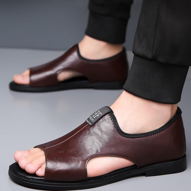 Pánské sandály Vysoce kvalitní kůže Ležérní sandál Módní venkovní plochý sandál Letní peep toe plážové boty pro muže Značka Sandalias