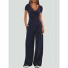 Women 2‑Piece Outfit V‑Neck Long Sleeve Ruched Top High Waist Wide Leg Pants Casual Loungewear Tracksuit Set