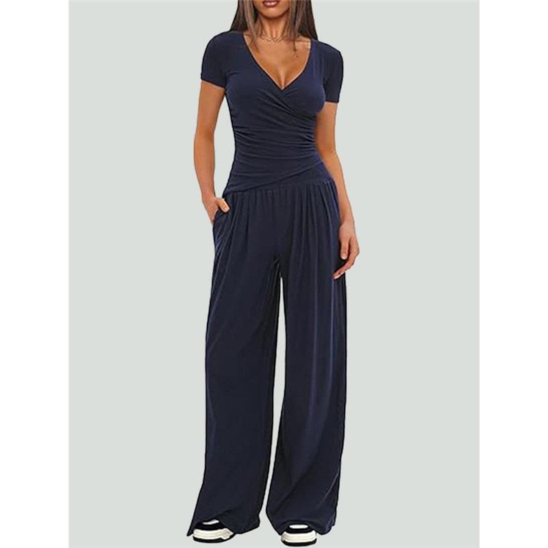 Women 2‑Piece Outfit V‑Neck Long Sleeve Ruched Top High Waist Wide Leg Pants Casual Loungewear Tracksuit Set