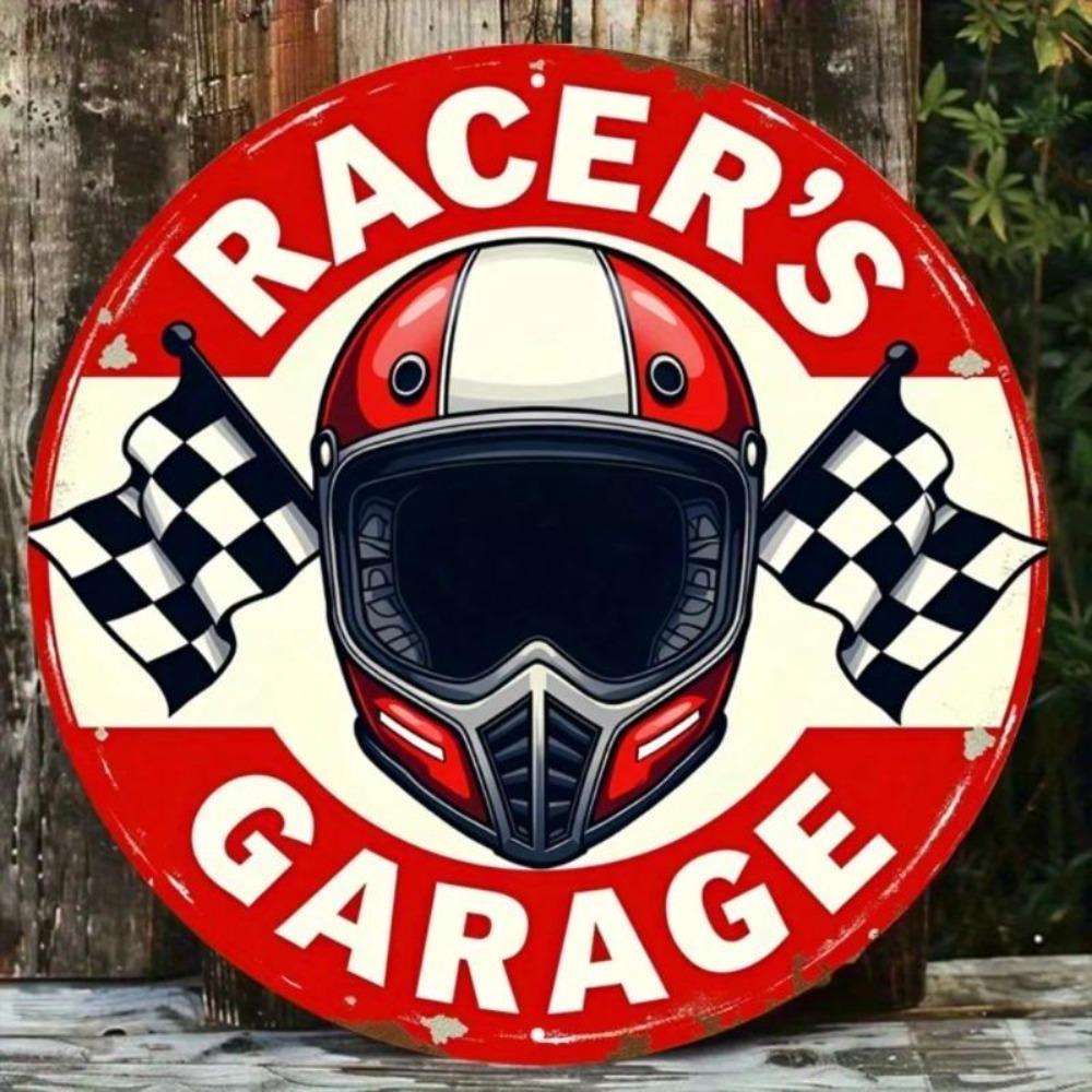 Rustic Vintage Racer Garage Metal Wall Sign Distressed Checkered Flag Decor