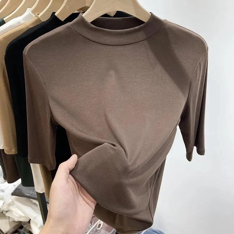 T-shirt Modal Amincissant à Manches Mi-Longues Polyvalent Uni à Masque pour Femme Printemps/Été