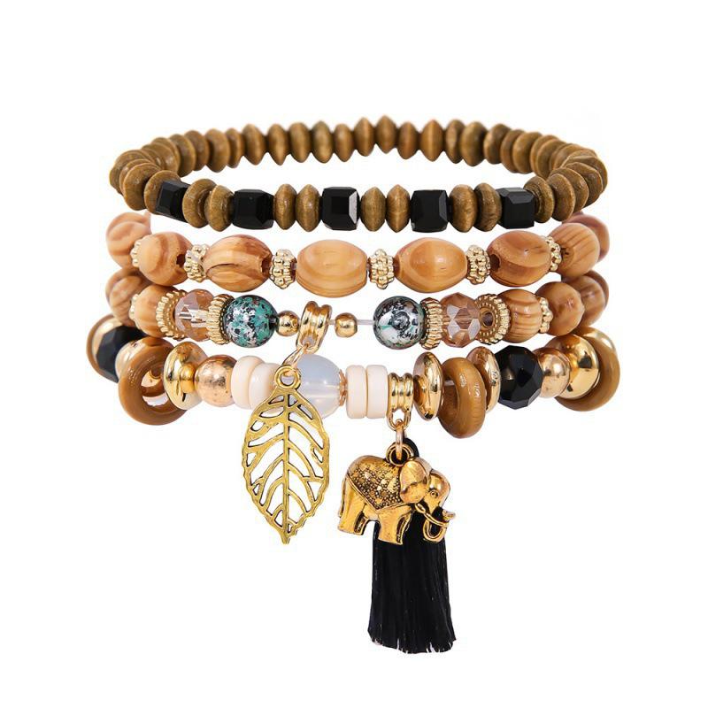 Boho Beaded Tree Leaf & Elephant Pendant Layered Tassel Bracelet