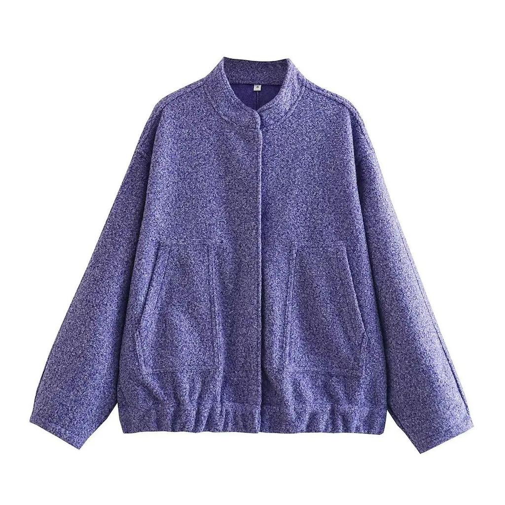 Woman's Oversized Bomber Jacket Autumn Round Neck Long Sleeve Pocket Hidden Button Loose Jackets Coat Female Outerwear