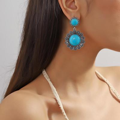 European and American Bohemian Retro Green Stone Earrings Ethnic Tibetan Style Earrings Female Personality Niche Sunflower Earrings