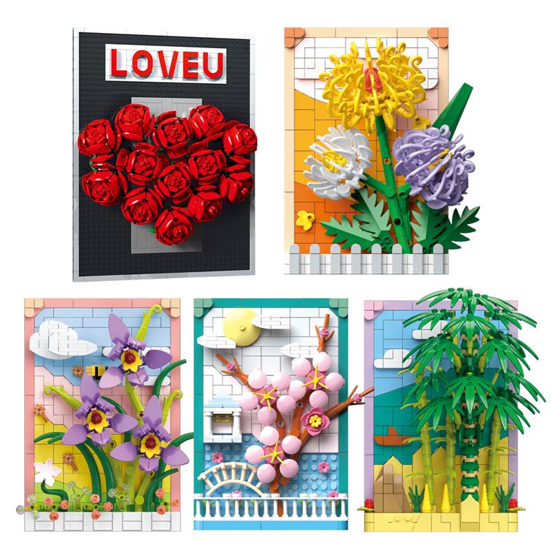 Children'S Puzzle Assembly Small Particles Building Block Flower Simulation Rose Photo Frame Building Block Toy Plant Pendant Color Box