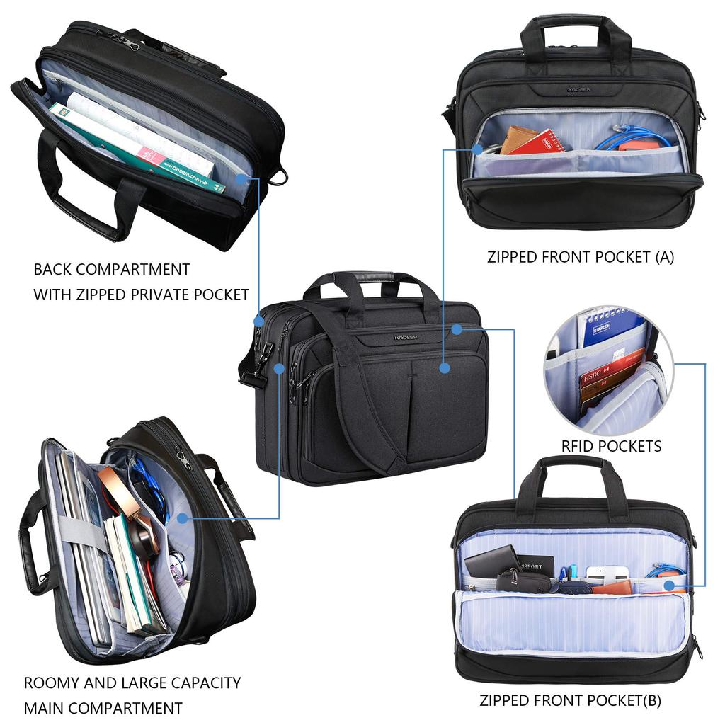 KROSER Business Bag Computer Bag Inch PC Bag Computer Case PC Bag Large Capacity Inch Bag Expandable Gusset Crossbody Bag Large Repellent Black Men's