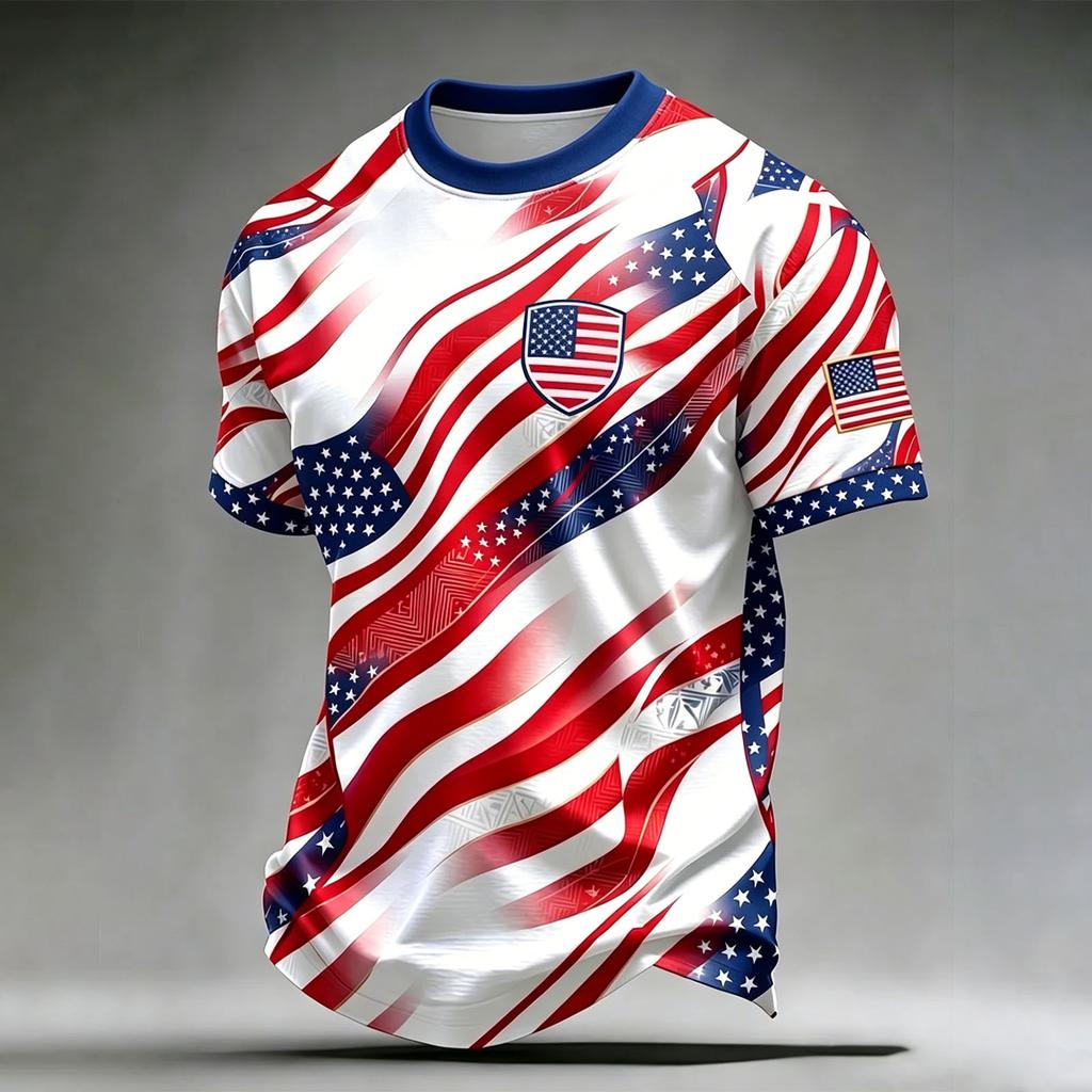 Men's Casual Printed Crew Neck Lightweight Breathable Short Sleeve Shirt Soccer Themed Graphic Design USA Map and Flag Pattern