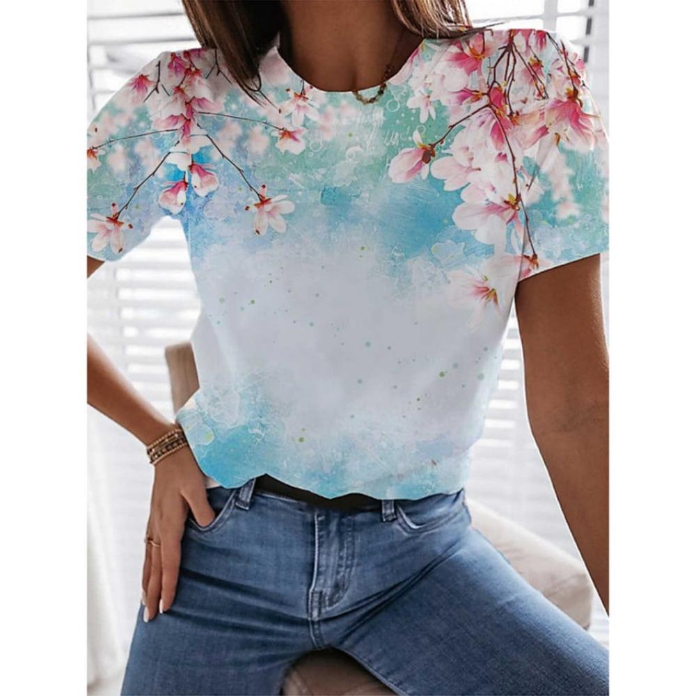 Colorful Flower Butterfly 3D Printed T-shirt for Women, Round Neck Short Sleeve T-shirt
