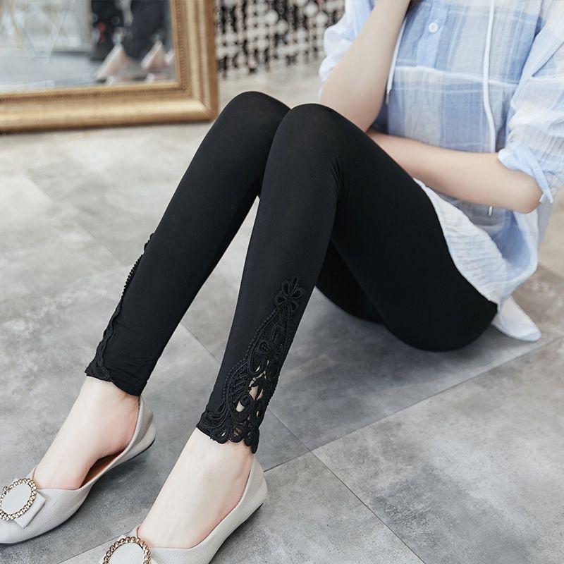 Korean Style High Waist Lace Slimming Leggings - Versatile Nine-Point Pants for Spring & Autumn