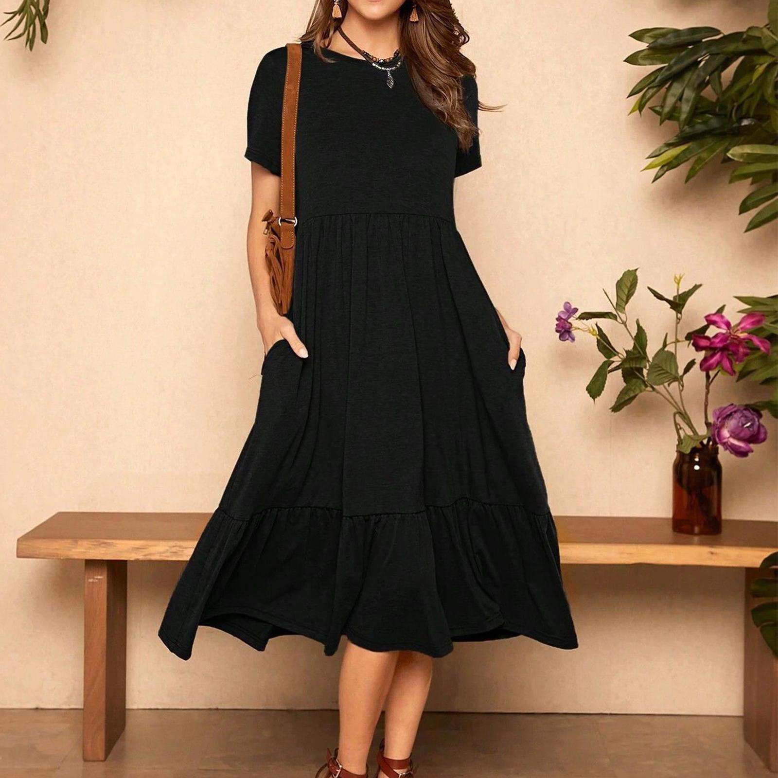 

Women s Loose And Comfortable Round Neck Mid Length Dress Color Short Sleeved Dress XL чорний