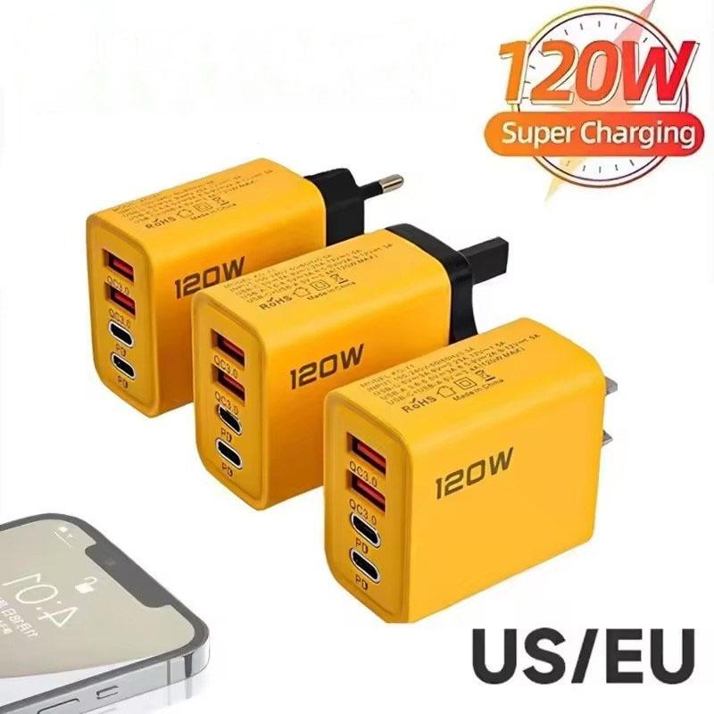 120W 4-Ports Ultra Fast Charging Type-C GaN Phone Charger USB-C QC 3.0 Super Charging Adapter For Huawei IPhone Samsung