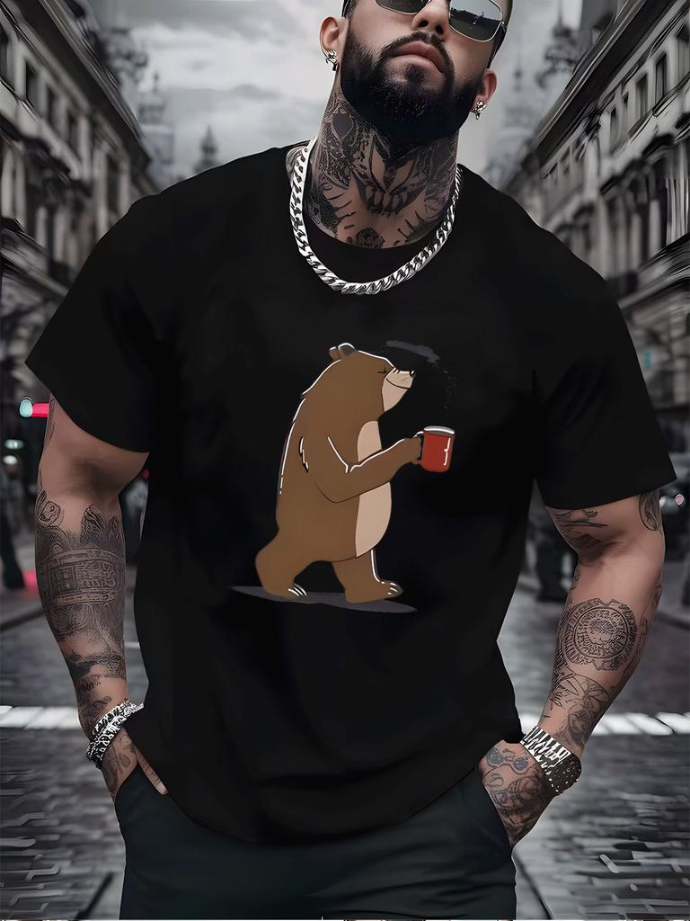 Unisex Crew Neck Tee Bear Coffee Cup Cartoon Print Short Sleeve Oversized Male Daily Casual Soft Breathable Basic Loose Wear Top