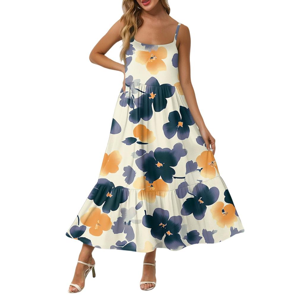 Women's Long Beach Casual Elegant Spaghetti Strap Maxi Dress Stitching Low-key Flowing Bohemian Dress
