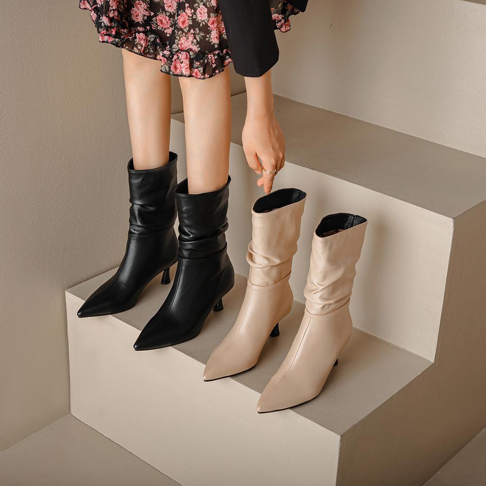 Apricot Brown Women Mid Calf Boots Mid Thin Heel Small Big Size 32 48