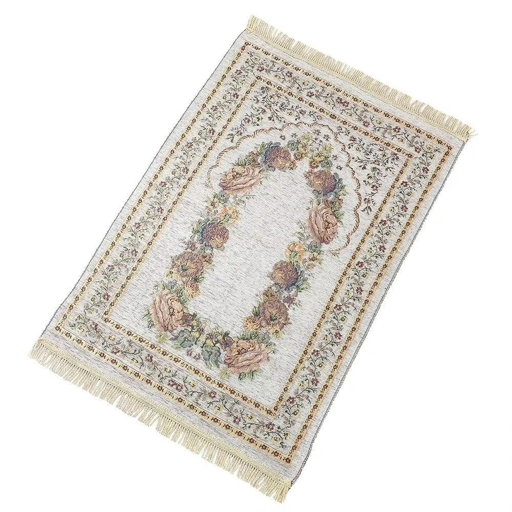 Tapis de prière musulman Tapis de prière musulman floral Couverture de prière portable Franges Coton Velours côtelé Tapis de prière Ramadan 48x98cm white