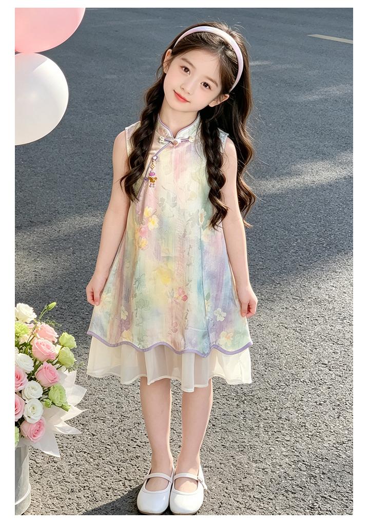 Girls' Summer Cheongsam Dress with Floral Print