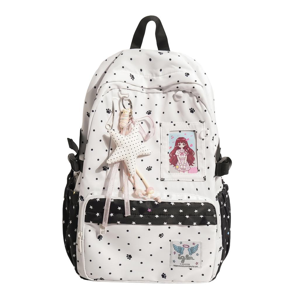 Schoolbag Girl Wind Snowflake Polka Dot Backpack Female Student Campus Cartoon Junior High School Student Large Capacity Daily School Bag Girl