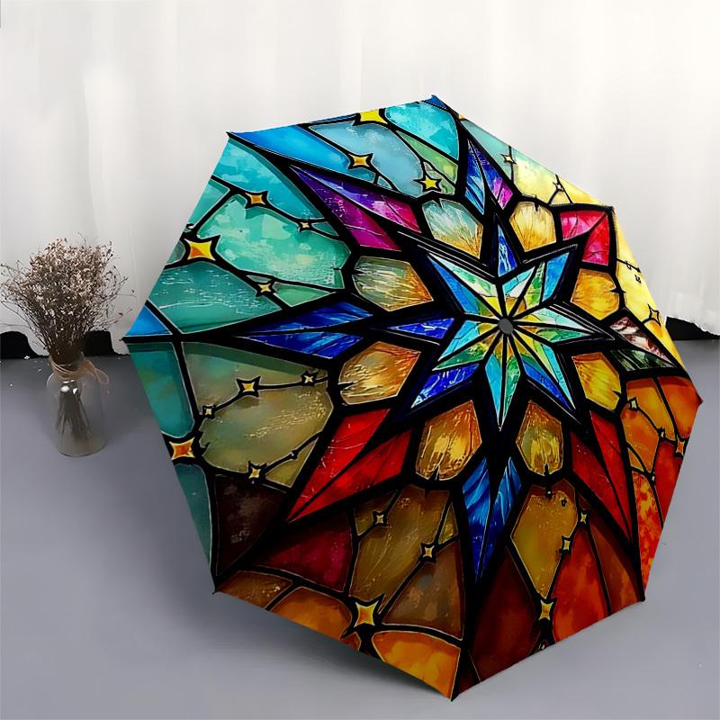 1pc Colorful Starburst Stained Glass Auto-Folding Umbrella with 3-Fold Design, 8-Bone Iron Frame - Perfect for Outdoor Use, Festive Gifts, Travel, Dai