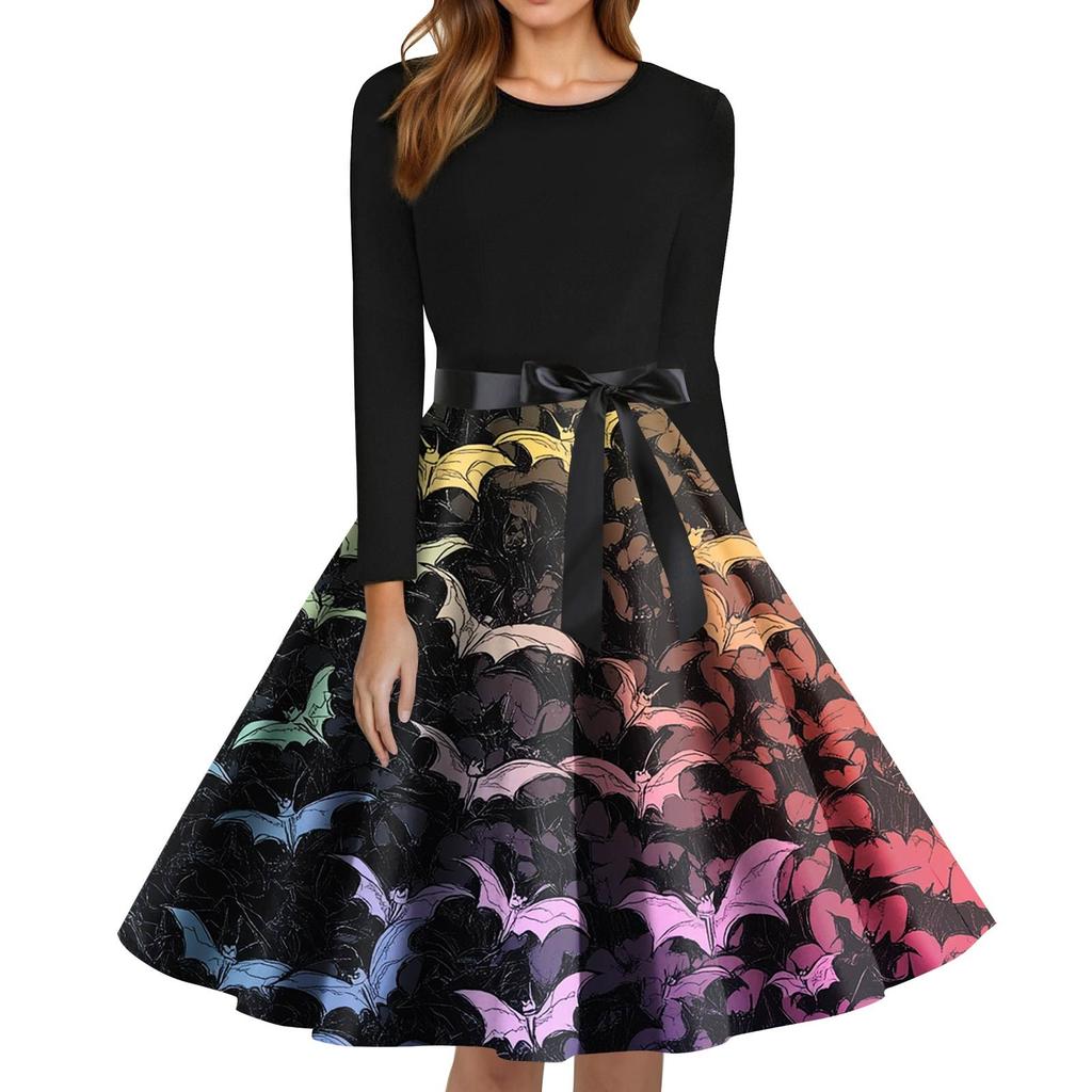Women's Fashion O-Neck Casual Slim Fit Halloween Printed Long Sleeve Dress
