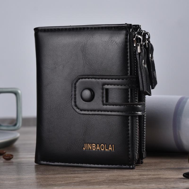 Newest Retro Buckle Men'S Wallet Luxury Brand Pu Leather 3 Fold Card Holder Multifunctional Double Zipper Coin Purse Carteras