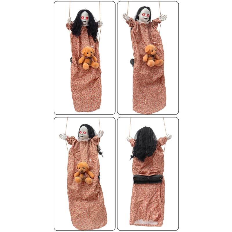 Halloween Hängende Mädchenfigur mit beleuchtetem Gesichtsdetail, Seilschaukel-Dekoration für Veranda-Eingang, Partybereich, Gartenakzent