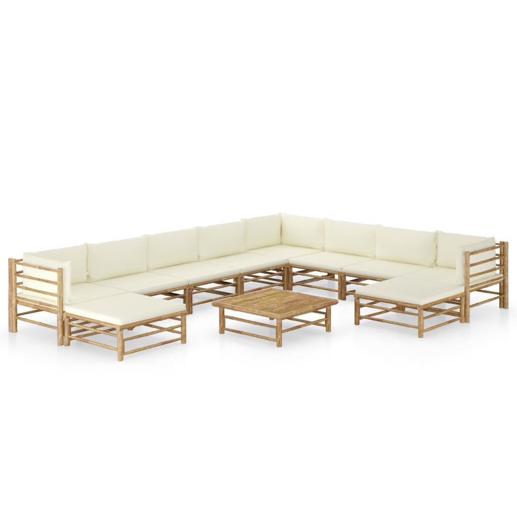 11 Piece Garden Lounge Set with Cream White Cushions Bamboo White
