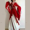 Dámský červený set Hanfu, výšivka, křížový límec, starověký čínský kostým pro Cosplay a každodenní nošení