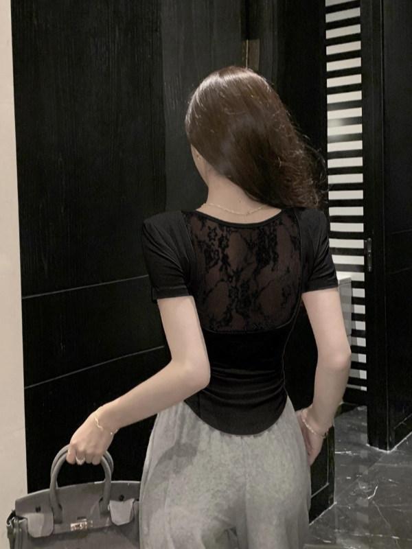 White Backless Mesh Stitching Front Shoulder Short-sleeved T-shirt Women's Summer Design Sense Slim Fit Unique Super Good-looking Small Top