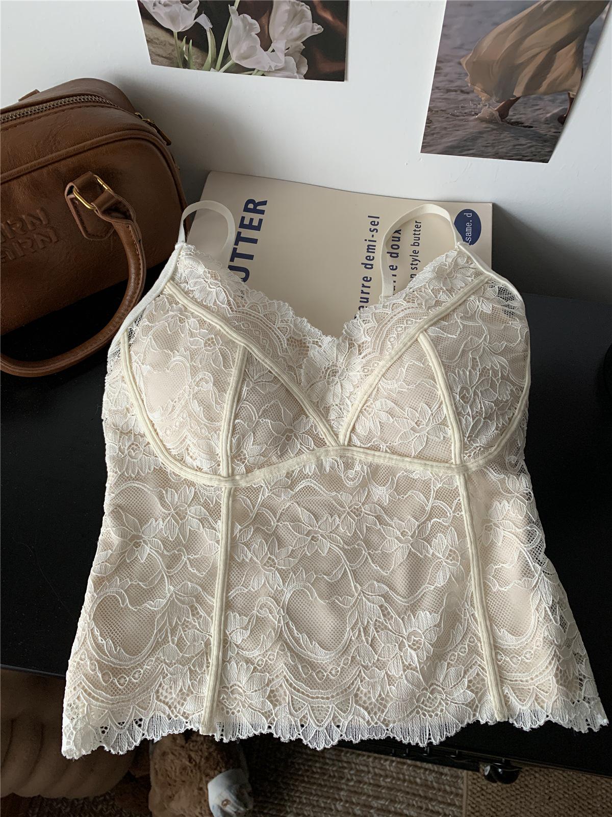 

Women s Brown Lace Camisole with Chest Pads: Autumn/Winter Short Base Top Medium