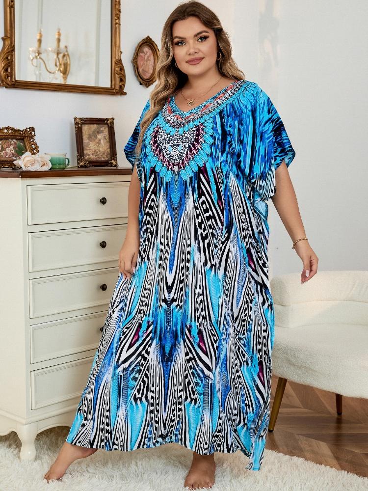 EDOLYNSA Niebieska damska długa sukienka Kaftan w stylu boho, oversize, wakacje na plaży, gorąco sprzedająca się narzutka na strój kąpielowy, szykowna, oddychająca sukienka domowa