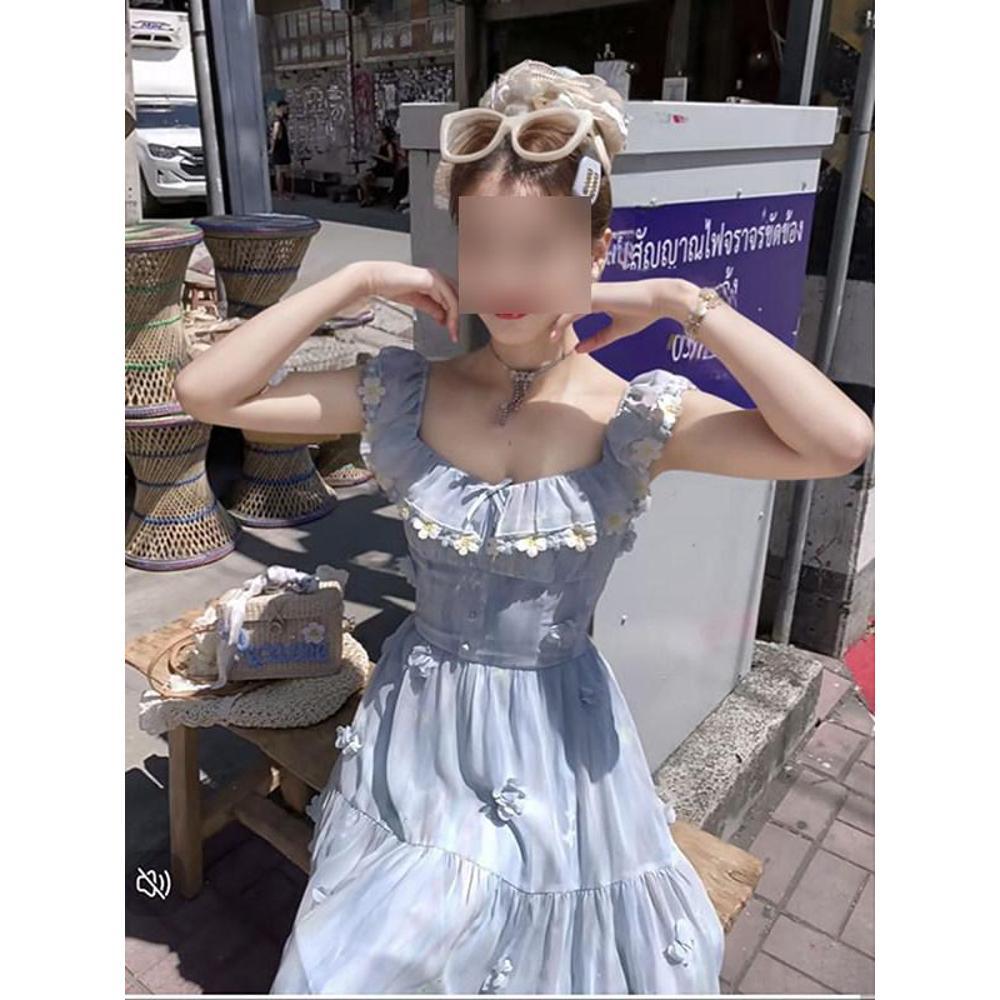 Girls three-dimensional flower flying sleeve dress women's summer casual new waist A character thin sweet long skirt