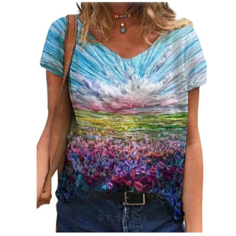 Women's Summer Trend Top Printed V-neck Fashion Short Sleeved T-shirt