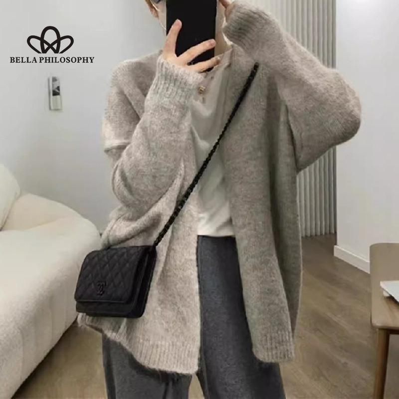 Knitted Cardigan Jacket Women Solid Color V-neck Large Version of Loose Medium-length Top Sweater Autumn Sweater