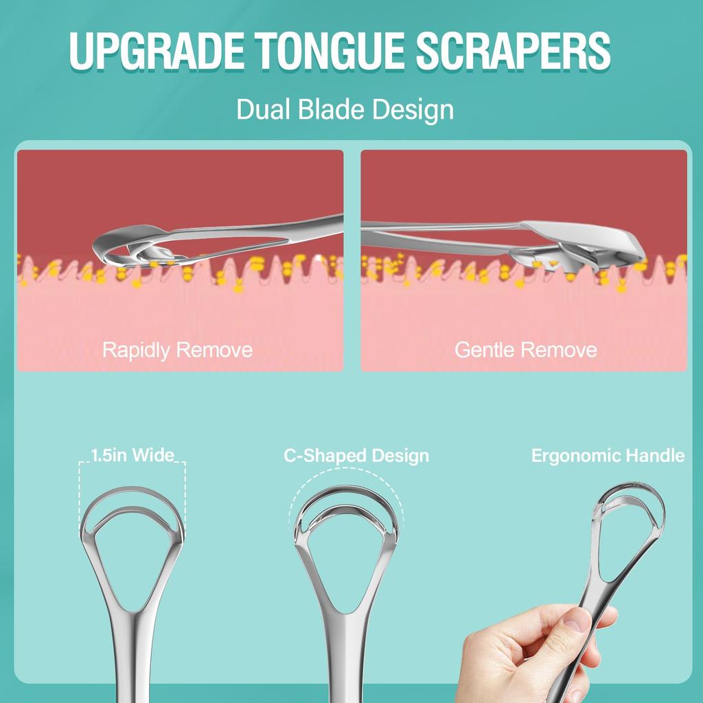 RONAVO New Upgraded Metal Tongue Scraper with Dual Scraping Heads - Helps Eliminate Bad Breath and Improve Oral Hygiene