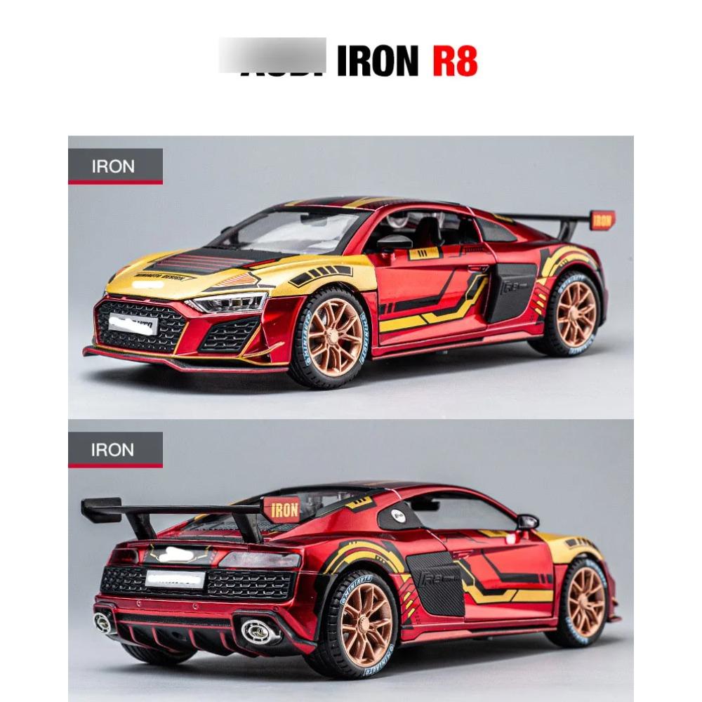 Model auta R8 z hliníkové slitiny v měřítku 1/24, vysoce simulační odlitky, hračka se zvukem a světlem, natahovací vozidla, dekorační hračka pro děti, dárek