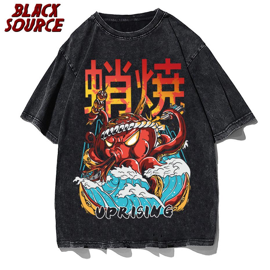 Black Source ANIME MANGA VINTAGE WASH UNISEX TSHIRT Octopus Men Harajuku TShirt Japanese Style