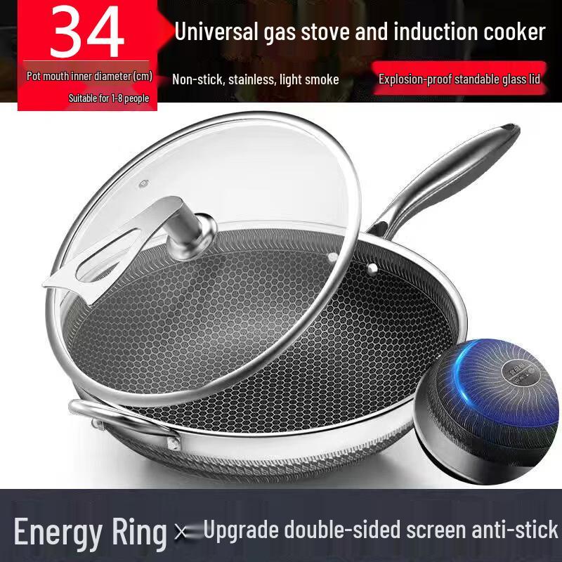 

34cm Non-stick Stainless Steel Round Bottom Wok with Lid
