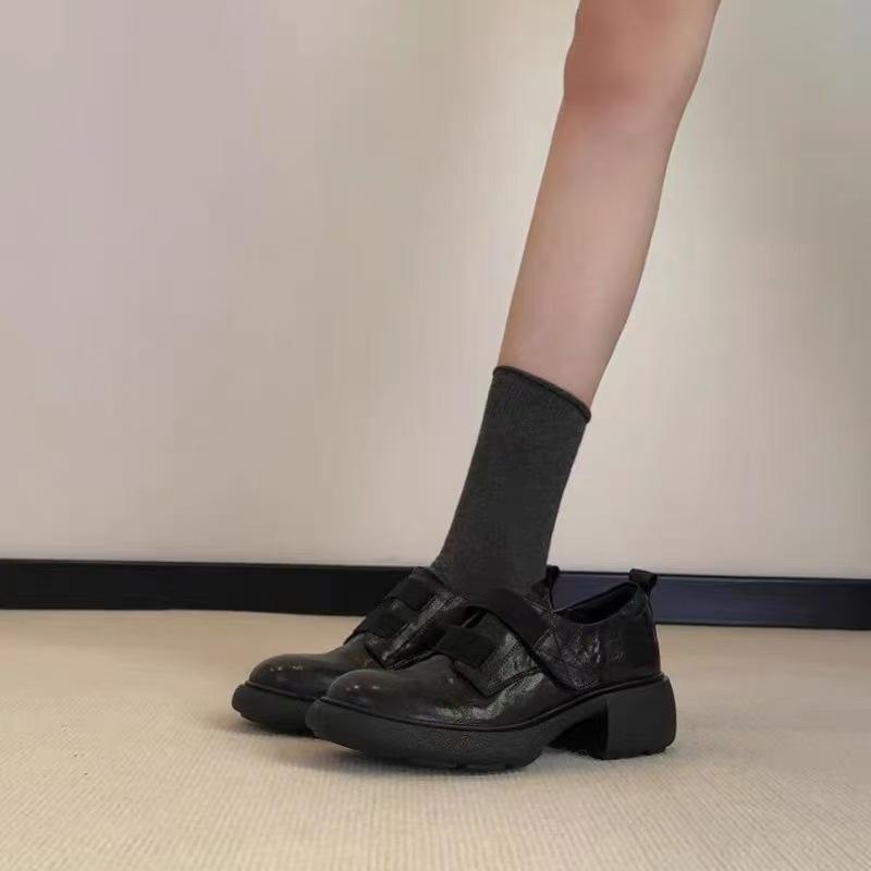 Sheepskin Version~ Velcro Small Leather Shoes Women's British Style Retro One-pedal Loafers Platform Muffin Height-increasing Single Shoes